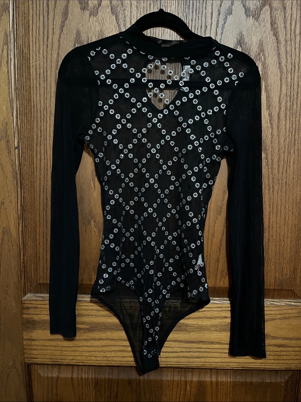 A3 Design Black Sheer Long-Sleeve Studded Bodysuit